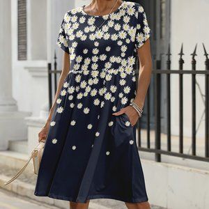 Pink Daisy | Navy & White Daisy Floral Pocket A-Line Dress - 2x